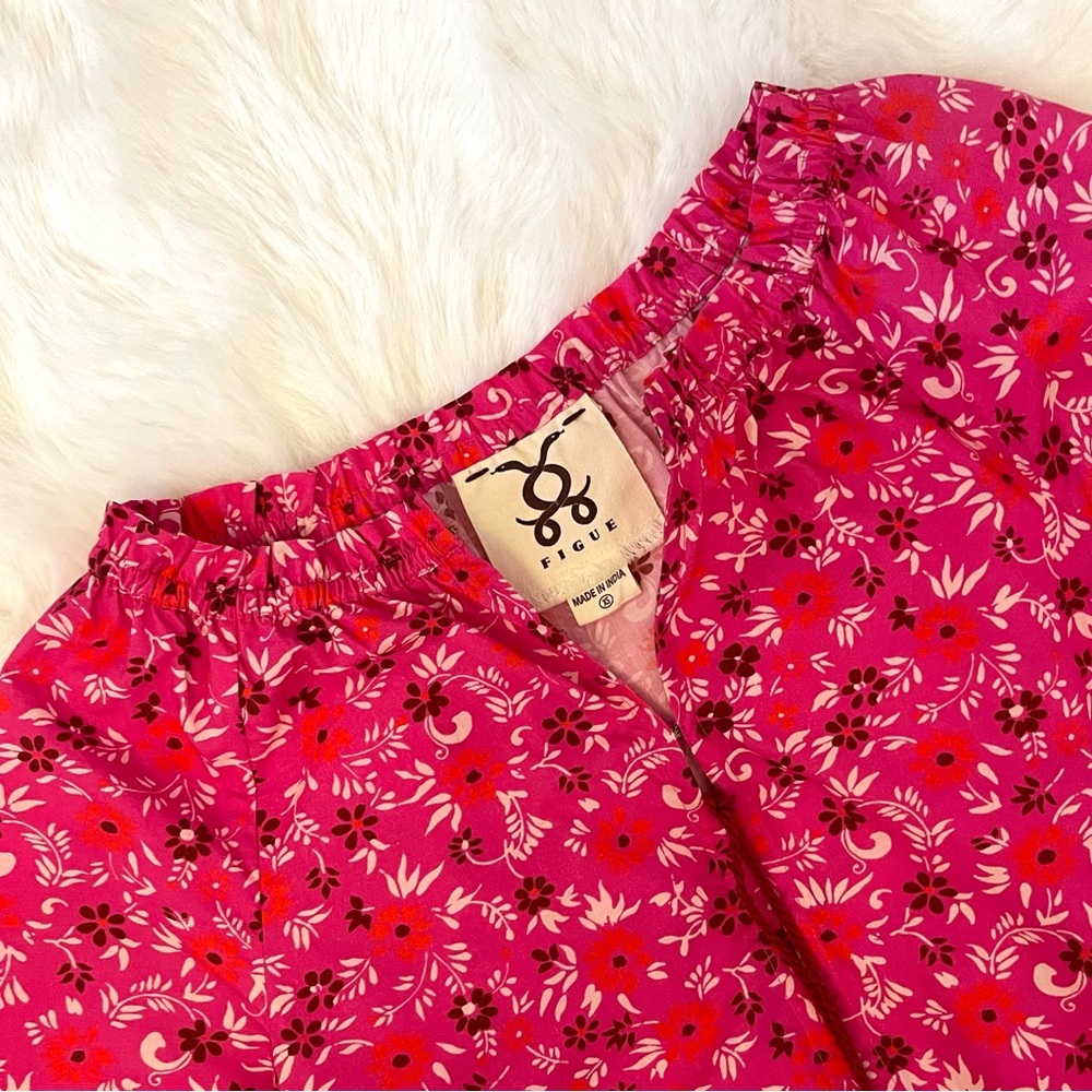 FIGUE Bella French Pink Floral Print Tiered Cotton Mini Baby Doll Dress - Picture 11 of 16